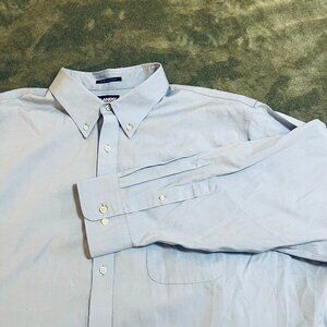 Land's End NoIron Supima Pinpoint Cotton men blue dress shirt button down 19/35T